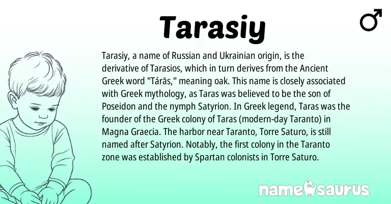 Infographic about Tarasiy name meaning, Tarasiy is a name from Russian, Ancient Greek, Ukrainian, Greek origin(s).