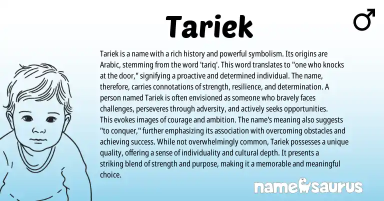 Infographic about Tariek name meaning, Tariek is a name from Arabic origin(s).