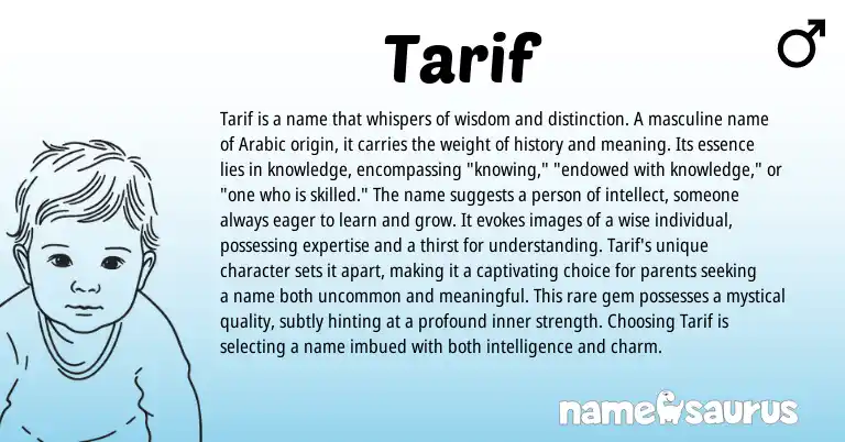 Infographic about Tarif name meaning, Tarif is a name from Arabic origin(s).