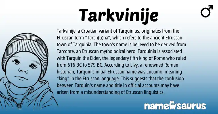 Infographic about Tarkvinije name meaning, Tarkvinije is a name from Etruscan, Croatian, Roman origin(s).