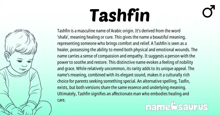 Infographic about Tashfin name meaning, Tashfin is a name from Arabic origin(s).