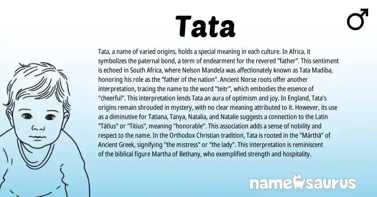 Infographic about Tata name meaning, Tata is a name from Ancient Greek, England, Latin, South Africa, Norse origin(s).