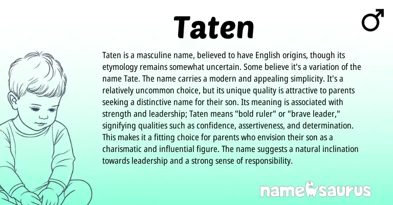 Infographic about Taten name meaning, Taten is a name from English origin(s).