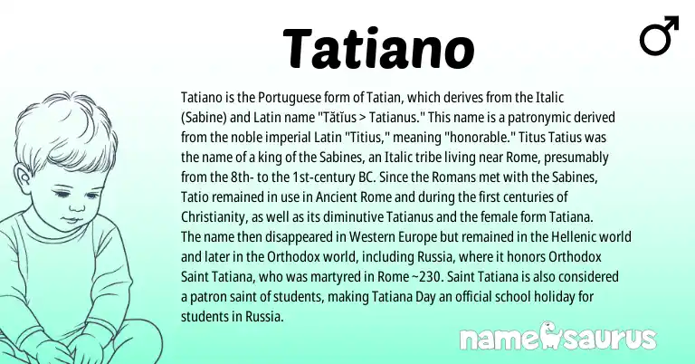 Infographic about Tatiano name meaning, Tatiano is a name from Christianity, Latin, Ancient Rome, Portuguese origin(s).
