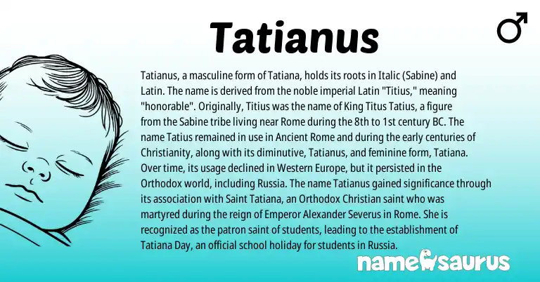 Infographic about Tatianus name meaning, Tatianus is a name from Christianity, Latin, Ancient Rome origin(s).