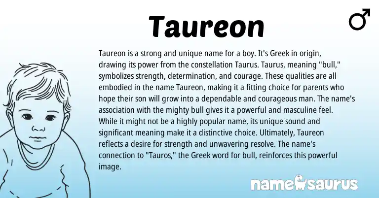 Infographic about Taureon name meaning, Taureon is a name from Greek, American origin(s).