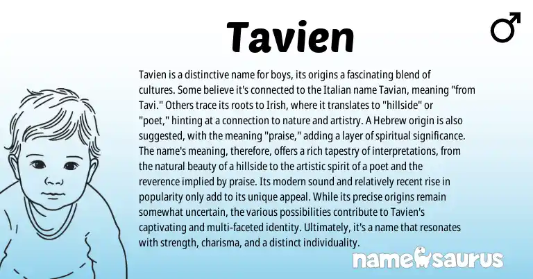 Infographic about Tavien name meaning, Tavien is a name from Hebrew, Irish origin(s).