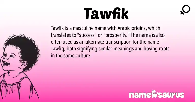 Infographic about Tawfik name meaning, Tawfik is a name from Arabic origin(s).