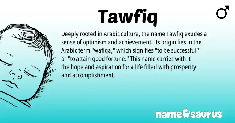 Infographic about Tawfiq name meaning, Tawfiq is a name from Arabic origin(s).
