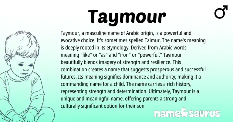 Infographic about Taymour name meaning, Taymour is a name from Arabic origin(s).