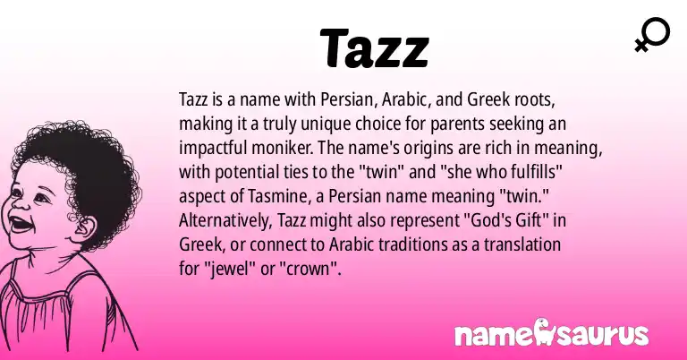Infographic about Tazz name meaning, Tazz is a name from Persian, Arabic, Greek origin(s).