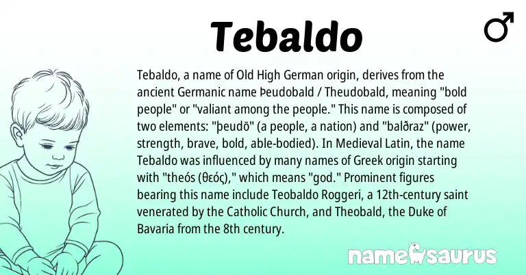 Infographic about Tebaldo name meaning, Tebaldo is a name from Old High German, Medieval Latin, Germanic, Greek origin(s).