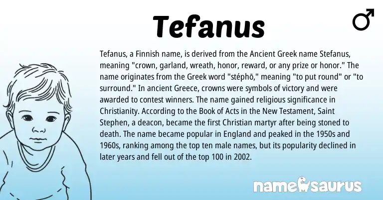 Infographic about Tefanus name meaning, Tefanus is a name from Finnish, Christianity, Ancient Greek, Greece, England, Greek origin(s).