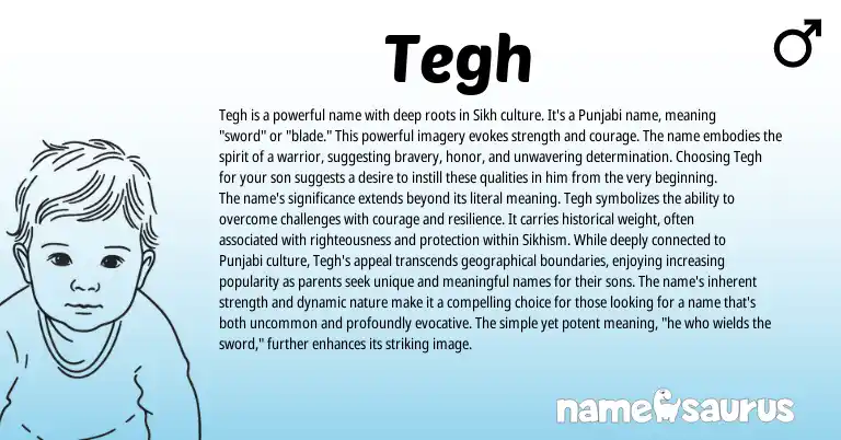 Infographic about Tegh name meaning, Tegh is a name from Indian, Punjabi, Sikh origin(s).