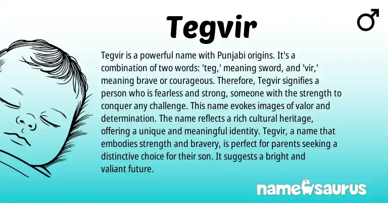 Infographic about Tegvir name meaning, Tegvir is a name from Indian, Punjabi origin(s).