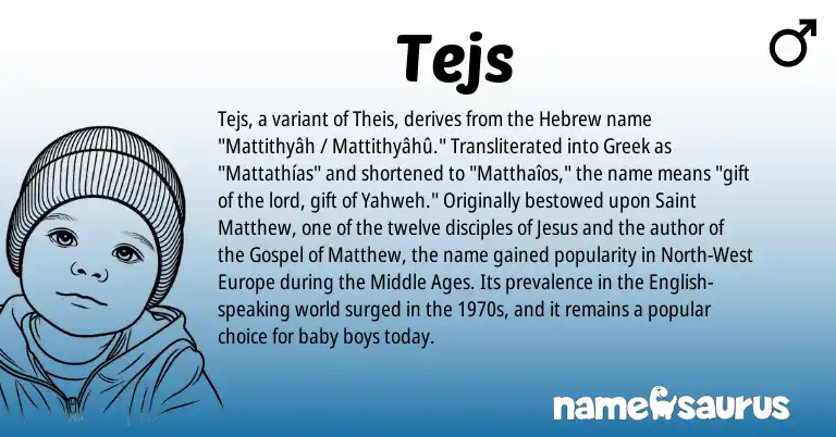 Infographic about Tejs name meaning, Tejs is a name from English, Hebrew, Greek origin(s).