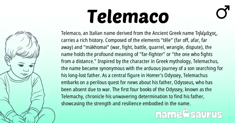 Infographic about Telemaco name meaning, Telemaco is a name from Ancient Greek, Greek, Italian origin(s).
