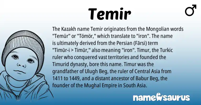 Infographic about Temir name meaning, Temir is a name from Persian, Mongolian, Kazakh origin(s).