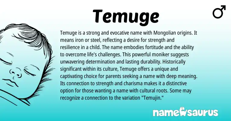 Infographic about Temuge name meaning, Temuge is a name from Mongolian origin(s).