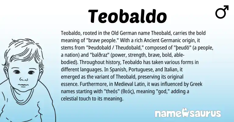 Infographic about Teobaldo name meaning, Teobaldo is a name from Portuguese, Medieval Latin, Spanish, Ancient Germanic, Greek, Old German, Italian origin(s).