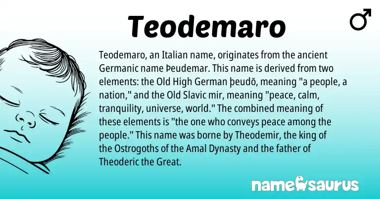 Infographic about Teodemaro name meaning, Teodemaro is a name from Old High German, Old Slavic, Germanic, Italian origin(s).