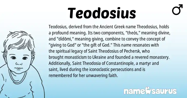 Infographic about Teodosius name meaning, Teodosius is a name from Ancient Greek, Ukraine origin(s).