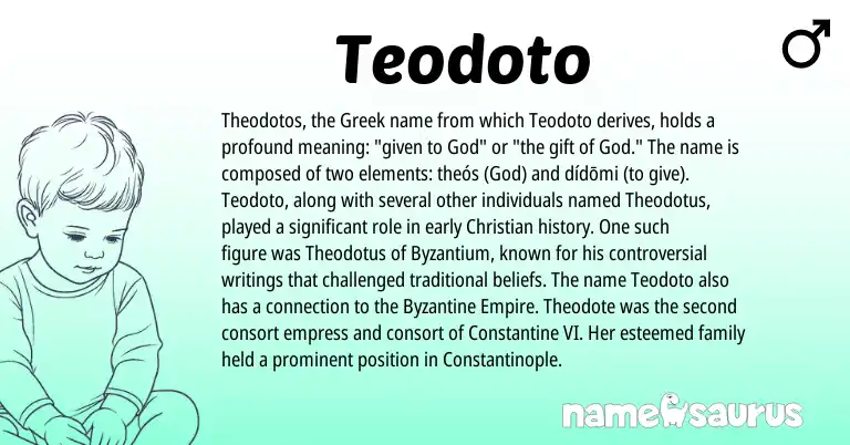 Infographic about Teodoto name meaning, Teodoto is a name from Greek origin(s).