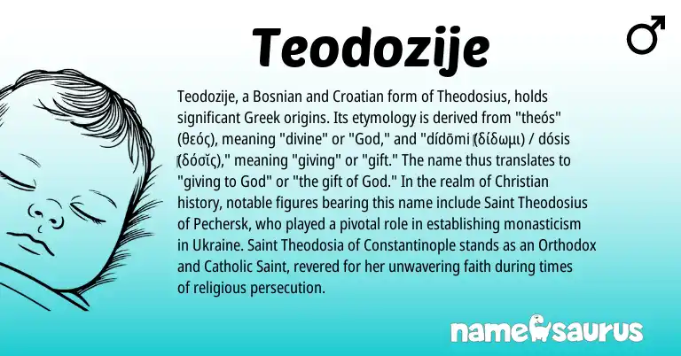 Infographic about Teodozije name meaning, Teodozije is a name from Croatian, Bosnian, Ukraine, Greek origin(s).