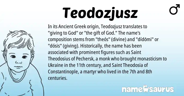 Infographic about Teodozjusz name meaning, Teodozjusz is a name from Ancient Greek, Ukraine origin(s).