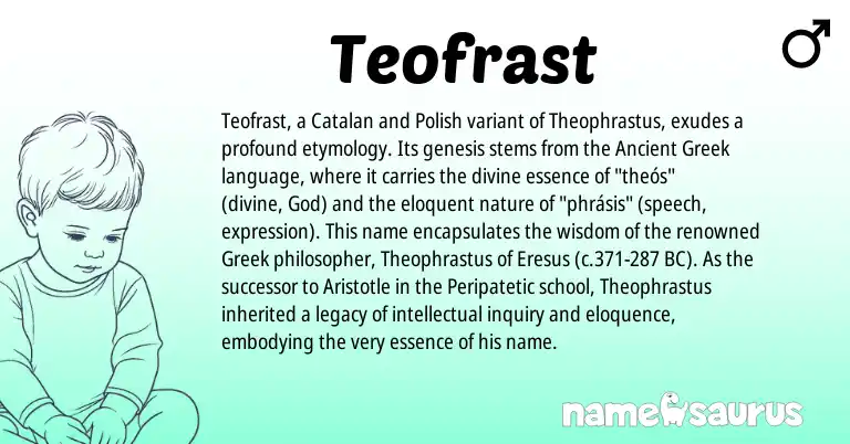 Infographic about Teofrast name meaning, Teofrast is a name from Polish, Ancient Greek, Catalan, Greek origin(s).