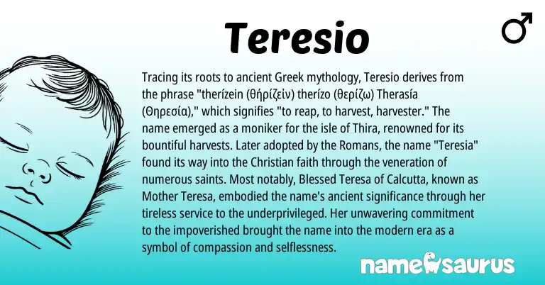 Infographic about Teresio name meaning, Teresio is a name from Greek origin(s).