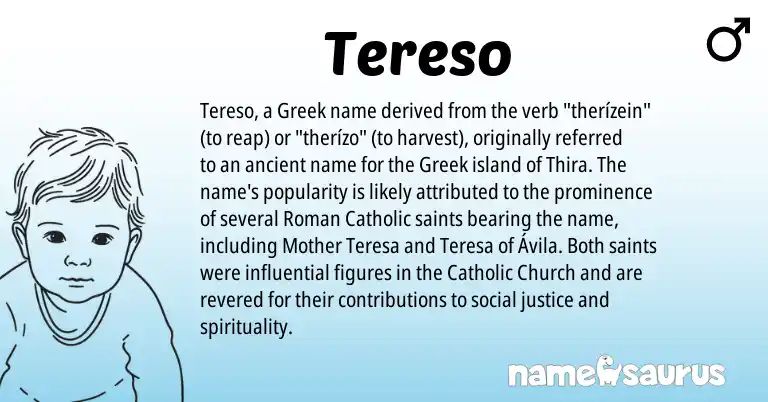 Infographic about Tereso name meaning, Tereso is a name from Roman, Greek origin(s).