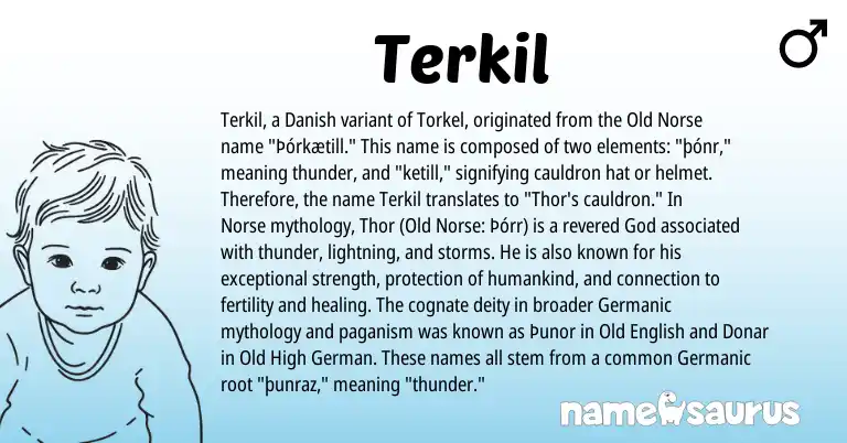 Infographic about Terkil name meaning, Terkil is a name from Old Norse, Danish, Old High German, Germanic, Old English, Norse origin(s).