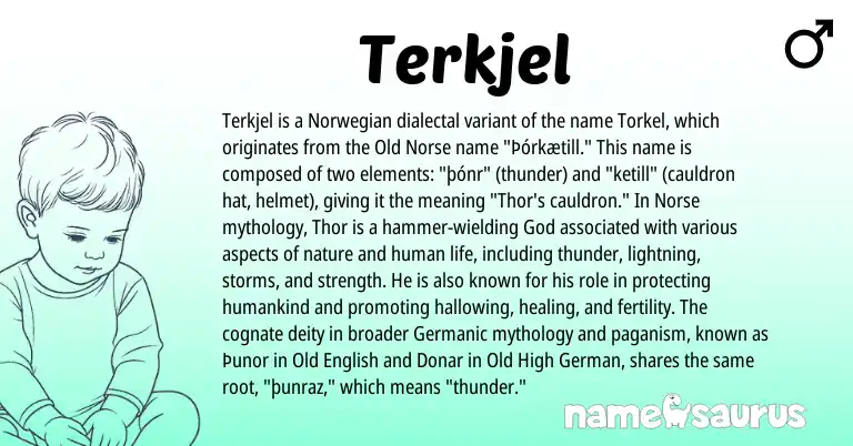 Infographic about Terkjel name meaning, Terkjel is a name from Old Norse, Old High German, Norwegian, Germanic, Old English, Norse origin(s).