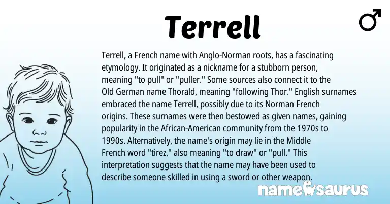 Infographic about Terrell name meaning, Terrell is a name from English, Middle French, French, Anglo-Norman, Old German, Norman, African, American origin(s).