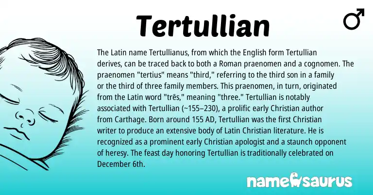 Infographic about Tertullian name meaning, Tertullian is a name from Roman, English, Latin origin(s).
