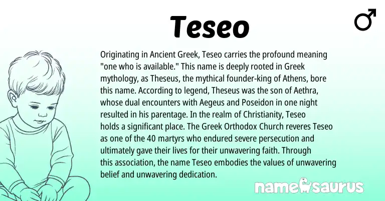 Infographic about Teseo name meaning, Teseo is a name from Ancient Greek, Christianity, Greek origin(s).