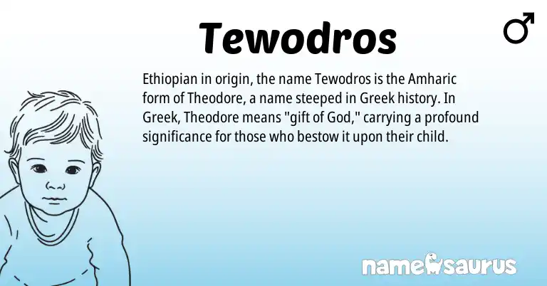 Infographic about Tewodros name meaning, Tewodros is a name from Ethiopian, Amharic, Greek origin(s).