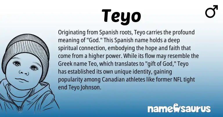Infographic about Teyo name meaning, Teyo is a name from Spanish, Canadian, Greek origin(s).