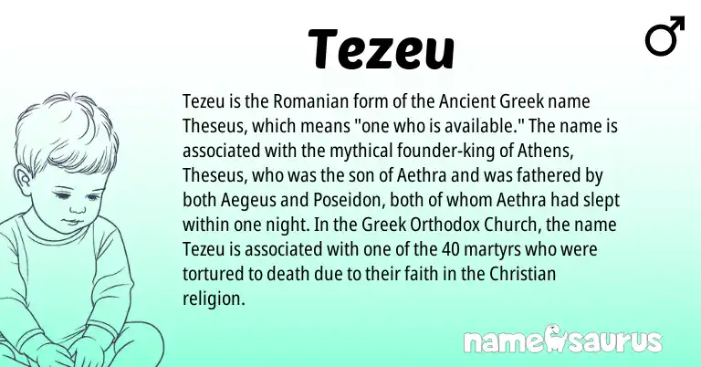 Infographic about Tezeu name meaning, Tezeu is a name from Romanian, Ancient Greek, Greek origin(s).