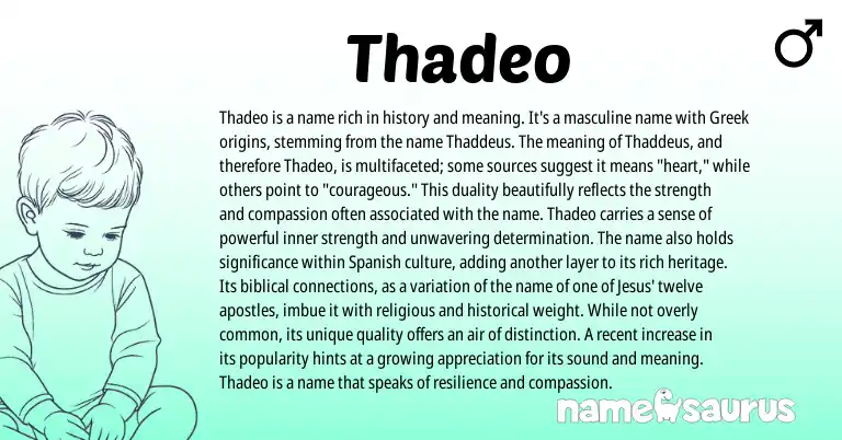 Infographic about Thadeo name meaning, Thadeo is a name from Greek origin(s).