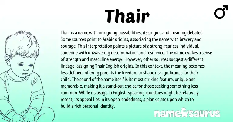 Infographic about Thair name meaning, Thair is a name from Arabic origin(s).