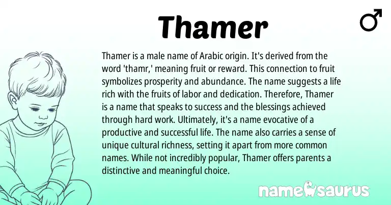 Infographic about Thamer name meaning, Thamer is a name from Arabic origin(s).