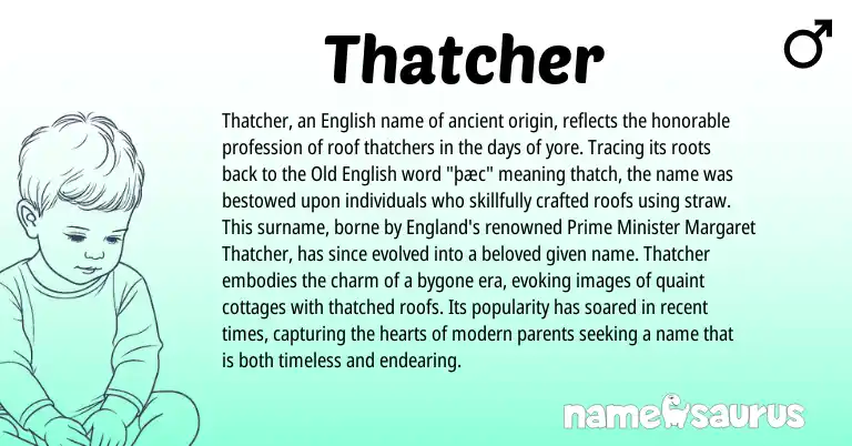 Infographic about Thatcher name meaning, Thatcher is a name from Old English, English, England origin(s).
