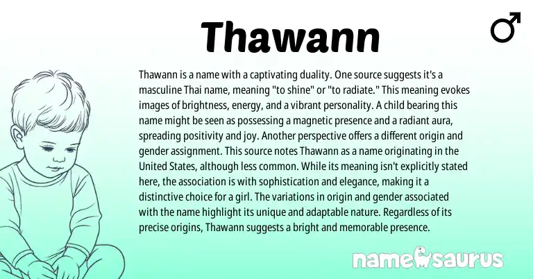 Infographic about Thawann name meaning, Thawann is a name from Thai, American origin(s).