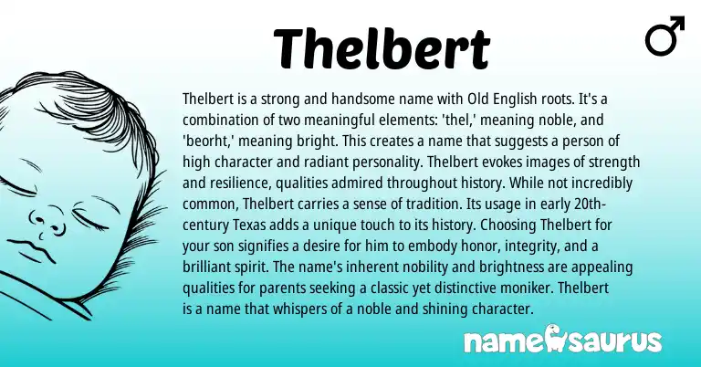 Infographic about Thelbert name meaning, Thelbert is a name from English origin(s).