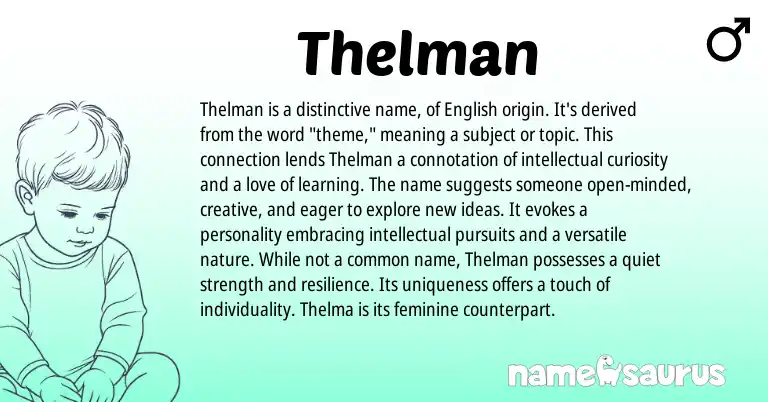 Infographic about Thelman name meaning, Thelman is a name from English origin(s).