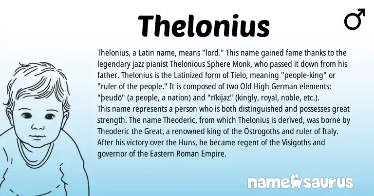 Infographic about Thelonius name meaning, Thelonius is a name from Old High German, Roman, Latin origin(s).