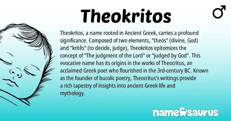 Infographic about Theokritos name meaning, Theokritos is a name from Ancient Greek, Greek origin(s).