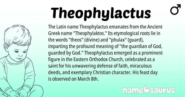 Infographic about Theophylactus name meaning, Theophylactus is a name from Ancient Greek, Latin origin(s).